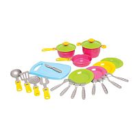 Набір посуду №2 +1677 (16) "Technok Toys" 2 каструлі, сковорідка, 2 кришки, досточка, 4 комплекти столових приладів, кухонне начиння, 21см, в сітці