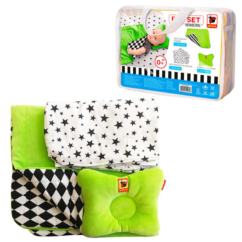 Набір МС110512-08 "Bed Set Newborn" зелений: подушка, ковдра, простирадло. Текстильний набір "Масік"