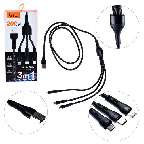 Кабель GTL 3-in-1 USB to Lightning+Micro+Type-C 200W 1.2м Stenson WL-1441