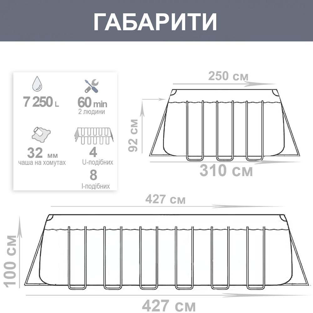 Каркасний басейн Bestway 56714 (100*250*427 см., об'єм: 7250 л., картриджний фільтр-насос 2006 л/год, дозатор хлору, драбина, тент, серія: Power Stee) фото 8