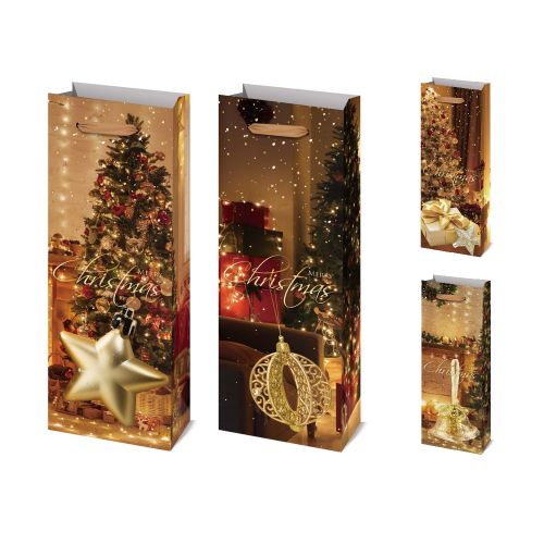 Пакет новорічний паперовий під пляшку "Merry Christmas" 12.8*8.4*36см Stenson R96598