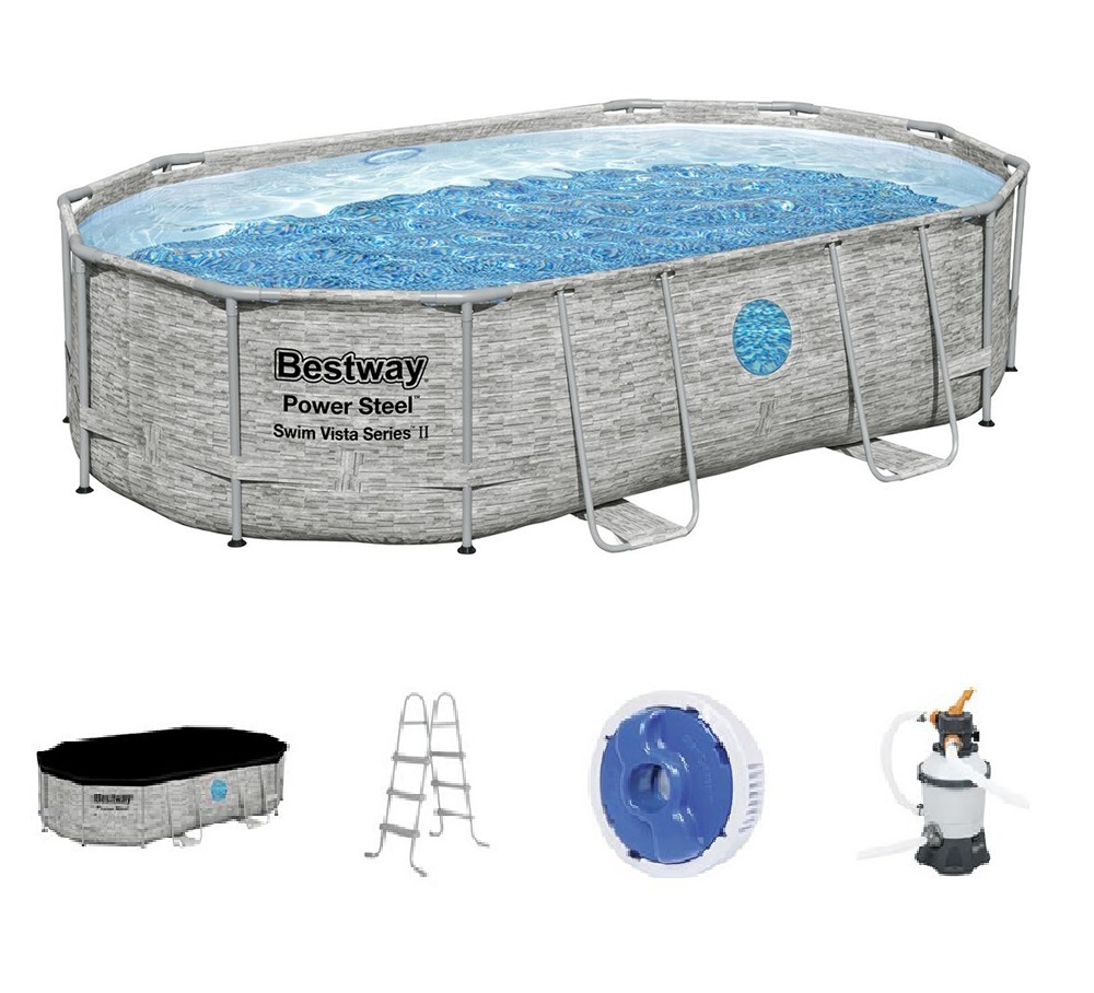 Каркасний басейн Bestway 56946 (107*305*488 см. об'єм: 10949 л., пісочний фільтр-насос 3028 л/год, дозатор хлору, драбина, тент, серія: Power Steel) фото 2