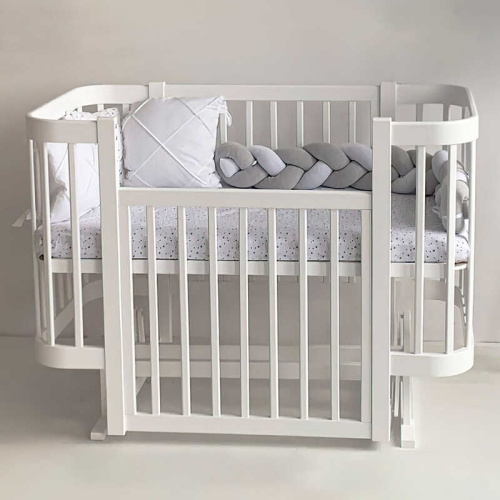 Ліжечко дитяче "МІЯ" бук, шарнір-підшипник, опускна боковина (біле+біла стійка)