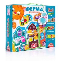 Великий розвиваючий набір 3 в 1 "Ферма" (укр) VT 2901-03 "Vladi Toys", 12 елементів пазла, 4 ігрові поля, фішки, в коробці