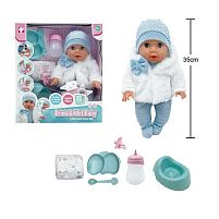 Пупс YL 2535 A-I висота: 35 см, на батарейках, звуки, сенсорні датчики, п’є, “ходить” на горщик, заплющує очі, підгузок, пляшечка, пустушка, горщ