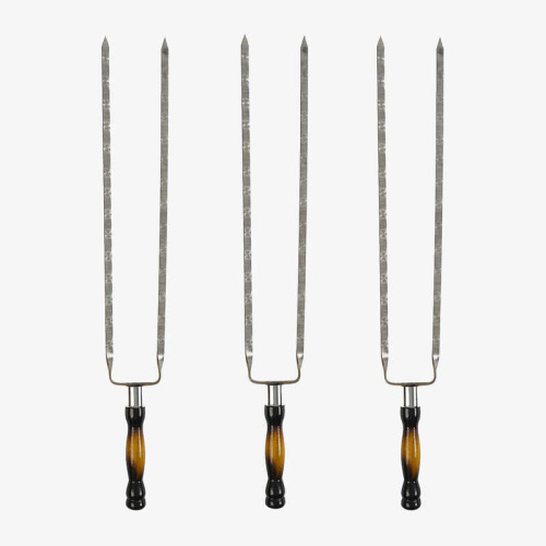 Шампура подвійні з дерев`яною ручкою №177525 ЦІНА ЗА 1 ШТУКУ, довжина із ручкою 63см, ширина 1см, товщина металу 3мм, ручка дерево бук.