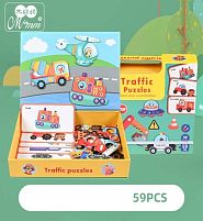 Дерев'яна магнітна дошка C 74611 “Транспорт”, дерев’яні пазли, картки, назви англ. мовою, 59 елементів, в коробці