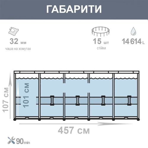 Каркасний басейн Intex 26724 (107*457 см., об'єм: 14614 л., картриджний фільтр-насос 3785 л/год, драбина, тент, підстилка, серія: Prism Frame) фото 8