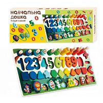 Логічна дерев’яна дошка 61981 "WToys", гра-шнурівка, цифри та фігури, сортер, кілочки, в коробці