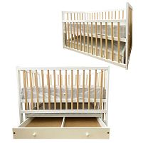 Ліжечко дитяче "Софія" - шарнір-підшипник+ящик з опускною боковиною (Білий+натуральний)