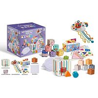 Набір для розвитку 1295 , 33 елементи, кубики, брязкальця, прорізувачі, серветки, мішечок, куб із формами, в коробці