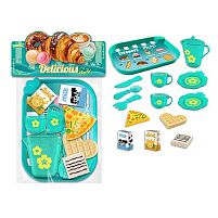 Набір продуктів 99014 таця, 2 чашки, 2 блюдця, чайничок, ніж, ложка, вилка, шматок піци, вафля, коробочки з молоком і соком, в пакеті