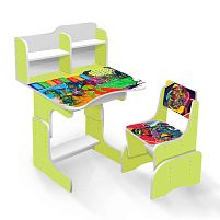 Парта шкільна "Черепашки ніндзя" ЛДСП ПШ 010 (1) 69 * 45 см, колір салатовий, + 1 стілець, з пеналом
