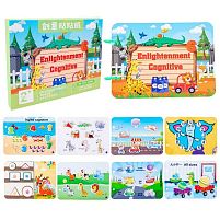 Логічна книжка C 73245 кілька картонних сторінок, липучки, цифри, годинник, транспорт, форми, тварини, кольори, в коробці