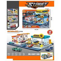 Парковка MH 180 3 в 1, 54 елементи, наліпки, 2 машинки, механічний запускач, в коробці