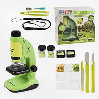Мікроскоп 2209-1 підсвічування, інструменти, 3 скельця, контейнери для зразків, викрутка, батарейки, інструкція, в коробці