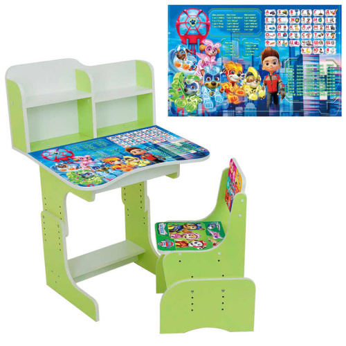 Парта шкільна "Цуценята" ПШ 050 ЛДСП, колір зелений, 69*45 см, + 1 стілець, з пеналом