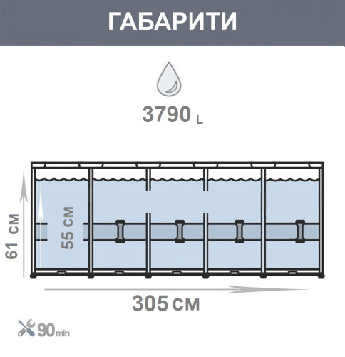 Каркасний басейн сталевий Bestway 561RW (61*305 см, об'єм: 3790 л, картриджний фільтр-насос 1250 л/год, тент, серія: Tanx) фото 8