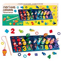 Дошка логічна 11825 "WToys", дерев'яна, 10 кольорових рибок, магнітна риболовля, цифри та фігури, кілочки, в коробці