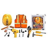 Набір інструментів T 037 B каска, механічний дриль та шліфувальна машина, викрутка, молоток, жилет, інструменти, в коробці