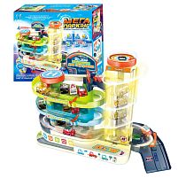 Інтерактивний автотрек 92629 "WToys", ОЗВУЧУВАННЯ УКР. МОВОЮ, автоматичний підіймач, звук, світло, пісні, 4 машинки, паркінг, виїзди, в коробці