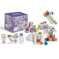 Набір для розвитку 1293 , 33 елементи, кубики, брязкальця, прорізувачі, серветки, мішечок, куб із формами, в коробці