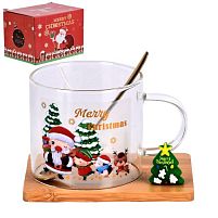 Чашка новорічна на бамбуковій підставці з ложкою "Merry Christmas" 250мл Stenson R100358