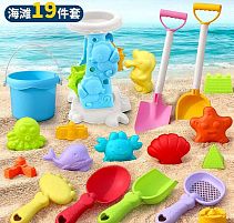 Пісочний набір W 218-44 висота відра - 10 см, млин, граблі, сито, 2 великі лопатки, 2 маленькі лопатки, 11 формочок, в сітці