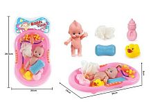 Пупс з ванночкою 916-27 B висота: 15 см, гумовий, розмір ванночки: 29х19х6 см, гумка для душу, пляшечка та мило, гумове каченя з пискавкою, на ли