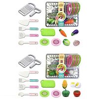 Набір посуду CS 711-11 2 види, продукти на липучках, підставка для посуду, тарілки, столове приладдя, дошка, терка, овочечистка, в слюді