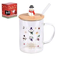 Чашка новорічна з бамбуковою кришкою та трубочкою "Merry Christmas" 450мл Stenson R100348
