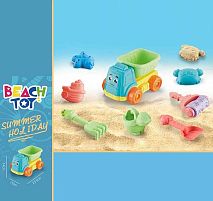 Пісочний набір RMT 366-38 розмір самоскида - 21х15х12.5, лійка, граблі, лопатка, фігурний валик, 3 формочки, в сітці