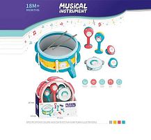 Набір музичних інструментів 3504 E 2 кольори, барабан: 28х28х11.5 см, барабанні палички, маракаси, бубон, кастаньєти, ремінець, в коробці