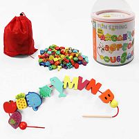 Шнурівка дерев'яна С 74443 10 шнурків з дерев’яним краєм, абетка, тварини, транспорт, у відрі