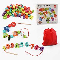 Шнурівка дерев'яна C 74419 6 шнурків з дерев’яним краєм, абетка, цифри, математичні знаки, транспорт, в коробці