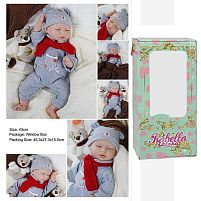 Пупс QM 240010 "TK Group", висота: 42 см, гумовий, пустушка, пляшечка, памперс, капелюшок, шарф, в коробці