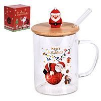 Чашка новорічна з бамбуковою кришкою та трубочкою "Santa" 450мл Stenson R100355