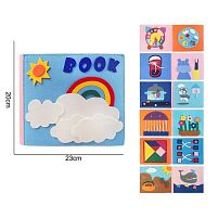 М'яка книжка-бізіборд 25082 фетр, розмір 23х20 см, сюжетні ігри: сад, море, кухня, циферблат з рухомими стрілками, погода