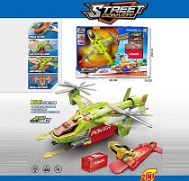 Літак MH 612 підсвічування, звуки, 2 металопластикові машинки, 2 механічних запускачі, контейнер, механічний підіймач, в коробці