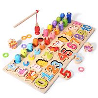 Логічна дерев’яна дошка С 74628 назви англ. мовою, магнітна риболовля, вкладиші, цифри, тваринки, кольорові кільця, сортер, в коробці