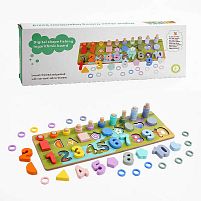 Логічна дерев’яна дошка C 65765 кілочки з кільцями, сортер, цифри, геометричні фігури, в коробці