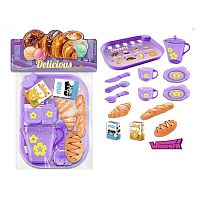 Набір продуктів 99001 таця, 2 чашки, 2 блюдця, чайничок, ніж, ложка, вилка, круасан, багет, хліб, коробочки з молоком і соком, в пакеті