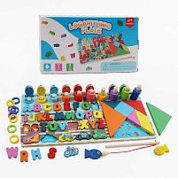 Логічна дерев’яна дошка F 43632 магнітна риболовля, алфавіт англійською мовою, транспорт, кольори та форми, сортер, в коробці