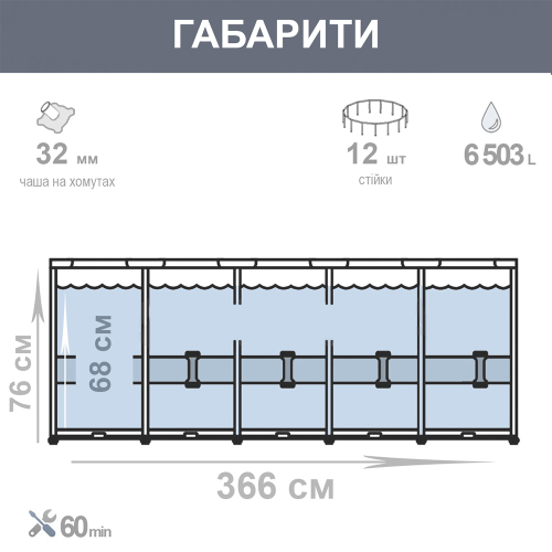 Каркасний басейн Intex 28212 (76*366 см. об'єм: 6503 л. картриджний фільтр-насос 2006 л/год, серія: Metal Frame) фото 5