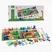 Логічна дерев’яна дошка C 73233 магнітна риболовля, цифри, сортер, пазл, тваринки, кілочки, кольорові кільця, в коробці