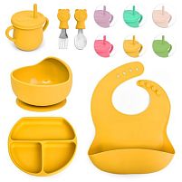 Посуд дитячий силіконовий 6пр/наб (виделка, ложка, чашка з соломинкою, слинявчик, тарілки 2шт) Stenson MA-4906