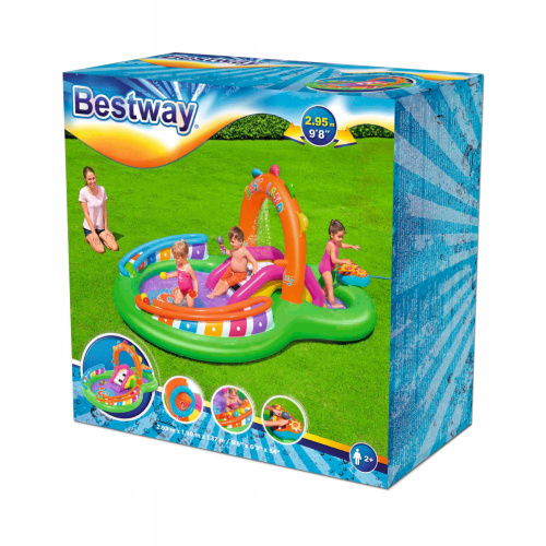 Дитячий надувний ігровий центр Bestway 53117 «Плюскайся і співай» (Гірка з басейном, розпилювачем та м'ячиками: 6 шт., 137*190*295 см.) фото 8