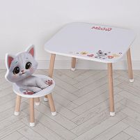 Дитячий столик Bambi M 502-2 «Meow» (зі стільчиком, ДСП, столик: 44,5*55*55 см, стільчик: 22*22*49 см, сидіння ↑25 см, силіконовий захист ніжок)