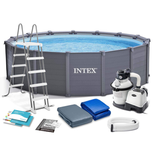 Каркасний басейн Intex 26384 (124*478 см., об'єм: 16805 л., пісочний фільтр-насос 5700 л/год, драбина, тент, підстилка, серія: Metal Frame) фото 2