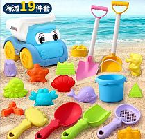 Пісочний набір W 218-43 розмір самоскида - 16.5х11.х13 см, висота відра - 10 см, граблі, сито, 4 лопатки, 11 формочок, в сітці